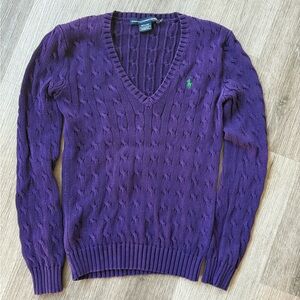 Ralph Lauren Purple Cable-Knit V-Neck Sweater with Green Pony